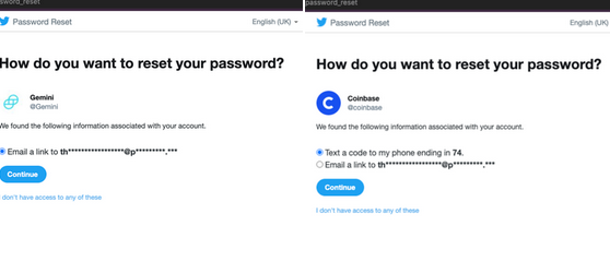 Coinbase and Gemini password reset screenshots